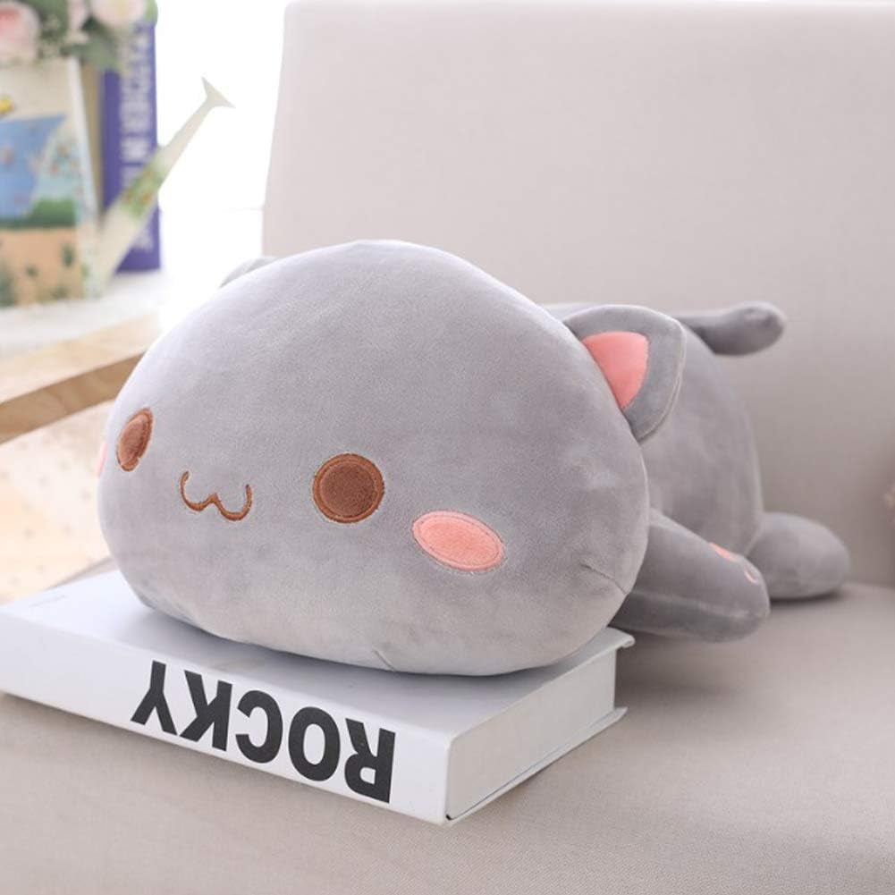 Soft Plush Cat Pillow Toy for Kids - 19.6" Grey Round Eyes Stuffed Animal Gift