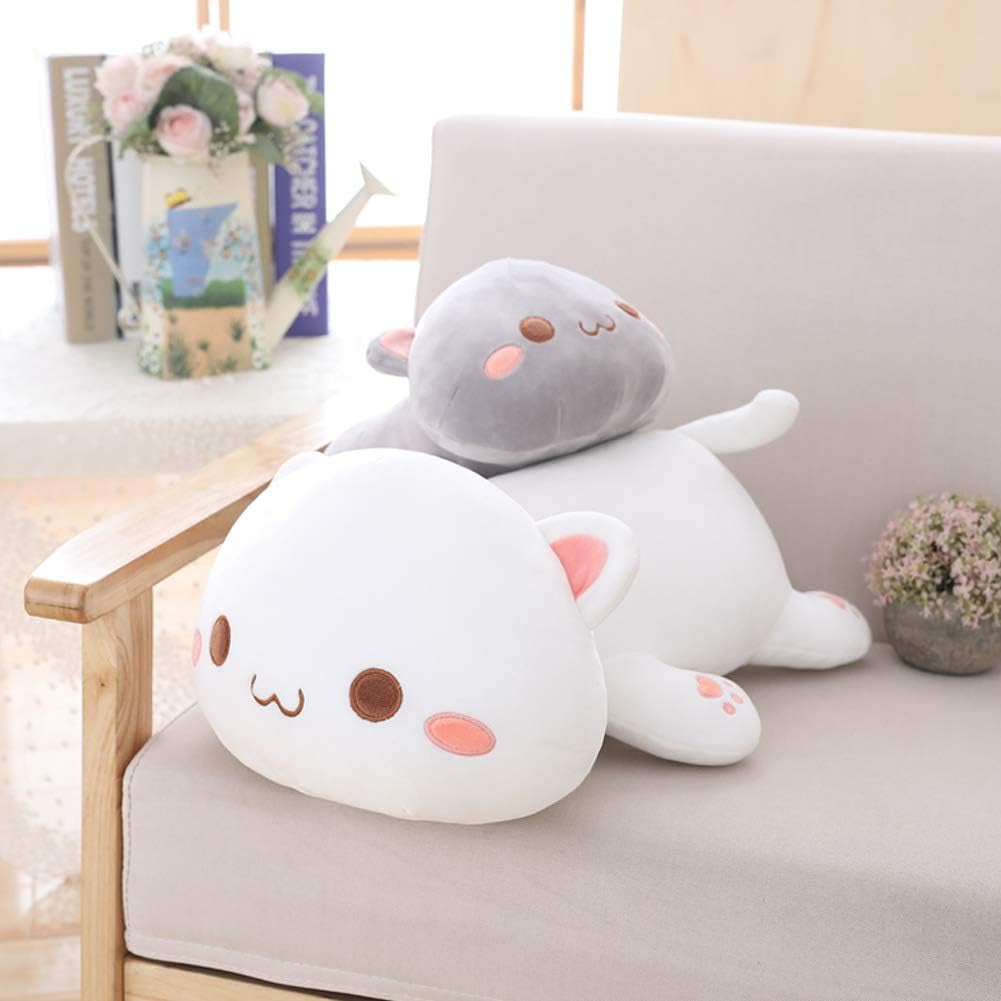 Soft Plush Cat Pillow Toy for Kids - 19.6" Grey Round Eyes Stuffed Animal Gift