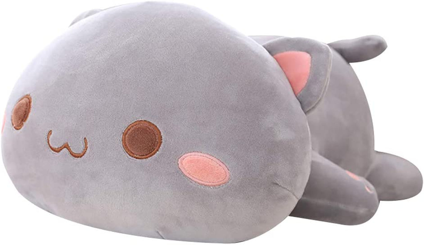 Soft Plush Cat Pillow Toy for Kids - 19.6" Grey Round Eyes Stuffed Animal Gift
