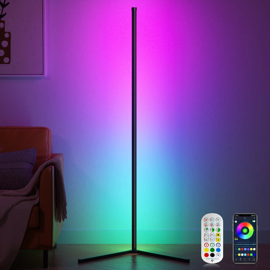 Smart RGB Corner Floor Lamp with App and Remote Control, 16 Million Color Options, Music Sync Feature, Modern LED Lighting for Bedroom, Living Room, and Gaming Space, Timing and Scheduling Capabilities