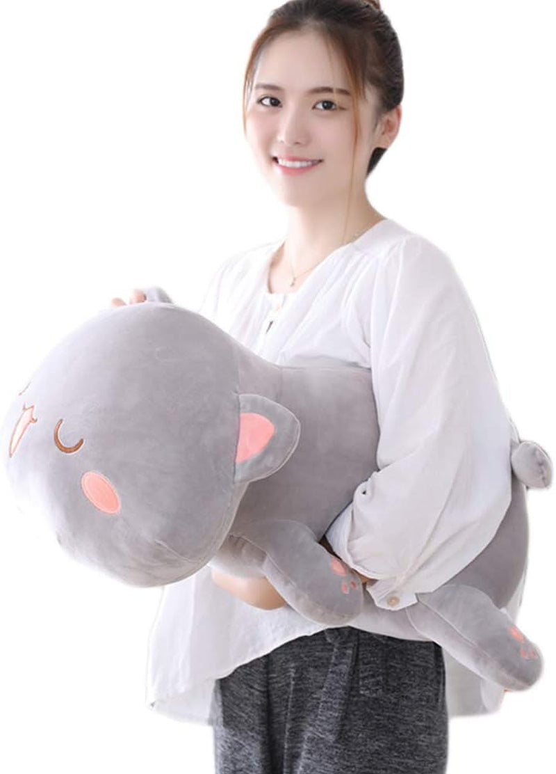 Soft Plush Cat Pillow Toy for Kids - 19.6" Grey Round Eyes Stuffed Animal Gift